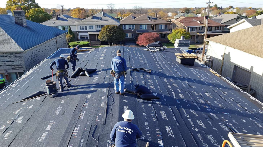 A modern home with a flat roof installation in progress, showing contractors working on roofing materials.