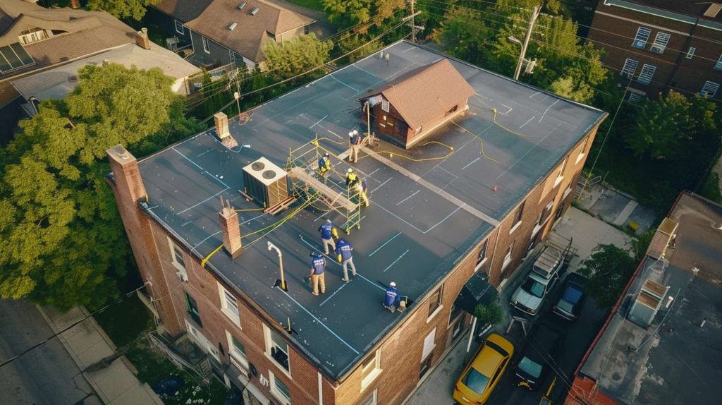 Professional roofers installing flat roof felt on a residential building, showcasing high-quality waterproofing techniques.