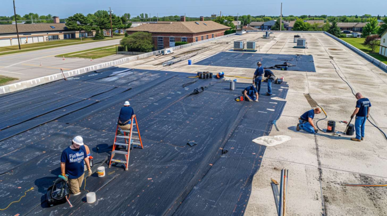 Roofer inspecting flat roof damage while wearing safety equipment, preparing to make professional repairs