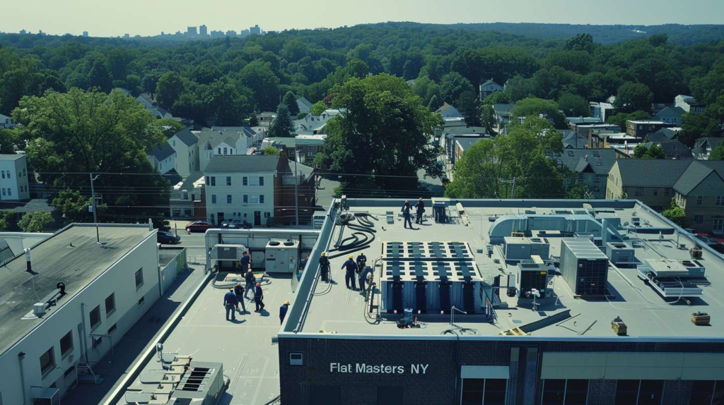 A damaged flat roof showing ponding water and visible cracks, illustrating common roof deterioration issues that require professional repair.