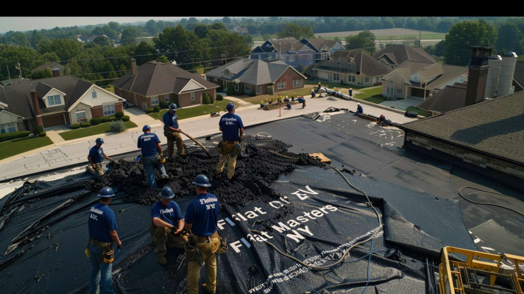 A professional contractor installing a roof drain on a flat commercial building roof with drainage equipment visible nearby.