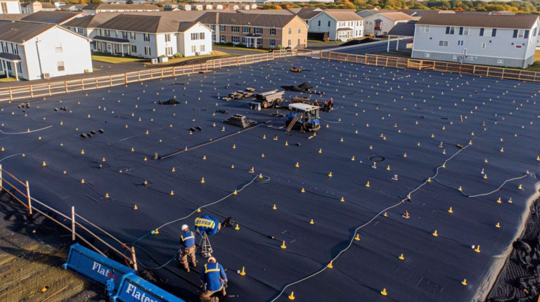 Worker installing new flat roof membrane with adhesive on a residential building during renovation.