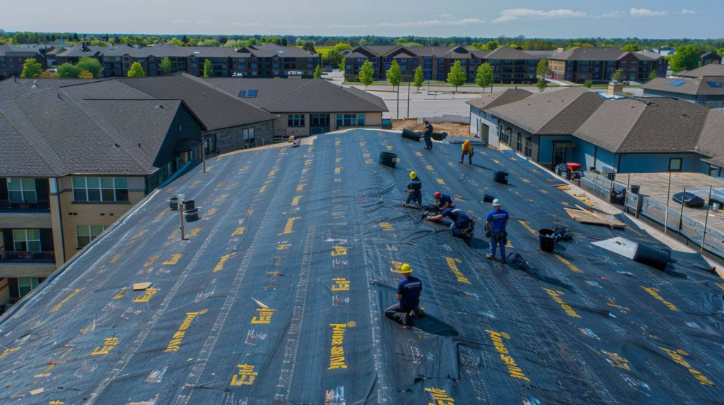 Contractor installing white fascia boards on a commercial flat roof, securing them with professional-grade tools and hardware.