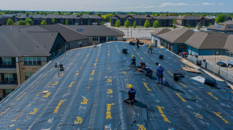 Professional contractor inspecting a flat roof, examining costs for repair and maintenance.
