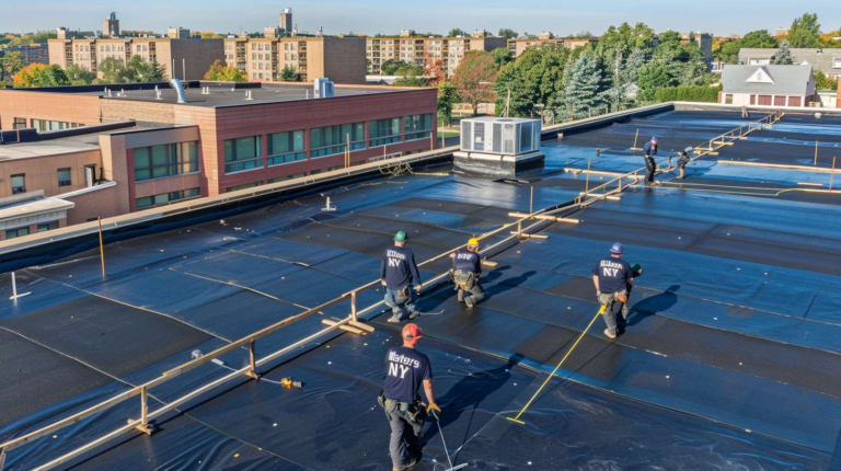 Detailed diagram showing proper flat roof gutter installation with drainage components and flashing connections.