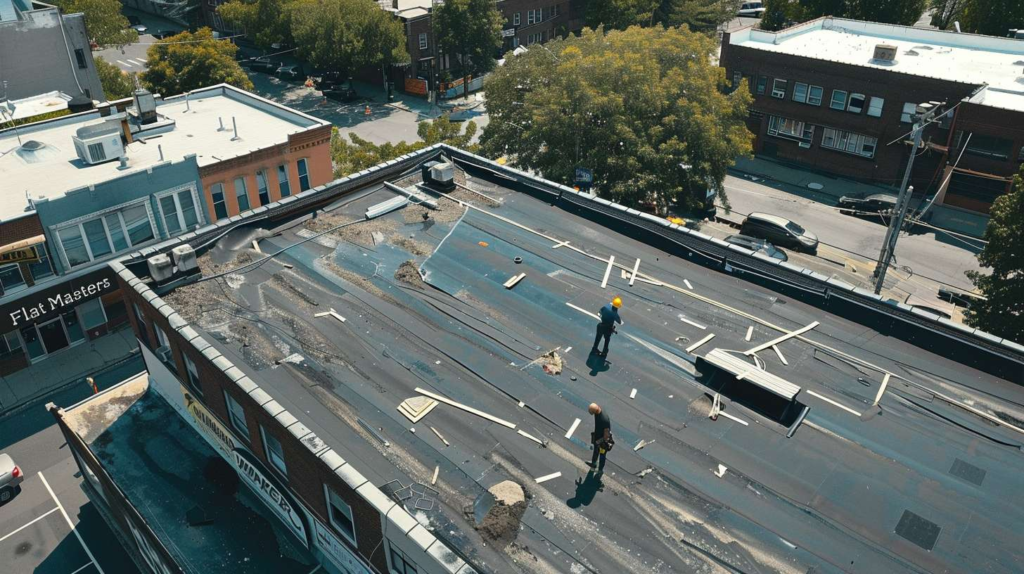 Blue tarp securely covering a flat roof with ropes and weights to provide emergency protection from leaks