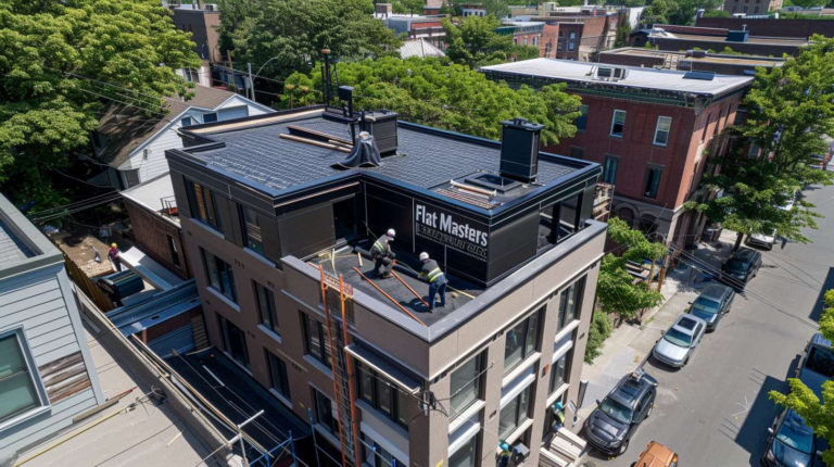 A flat tar roof on a commercial building with workers installing new roofing materials, showcasing professional replacement services.