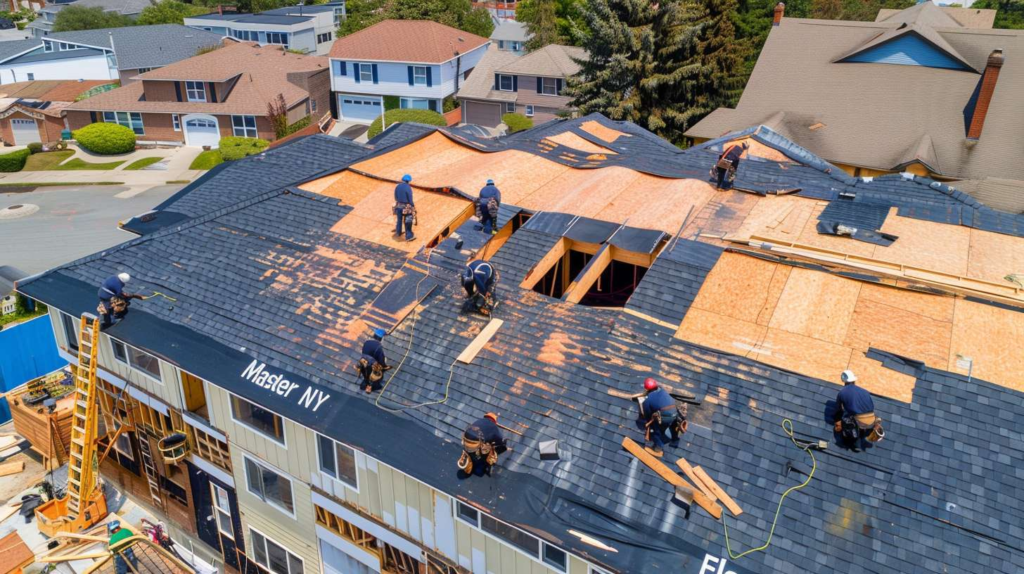 Professional removing moss from a flat roof with specialized equipment and safety gear