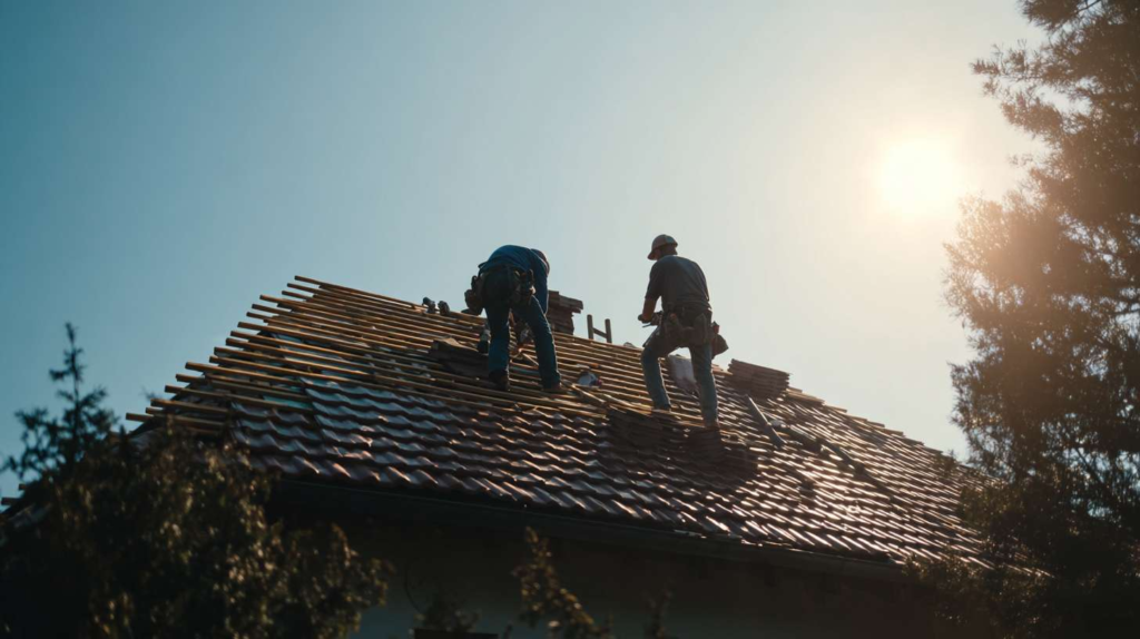 Worker installing ventilation equipment on a flat commercial roof, ensuring proper airflow for the building.