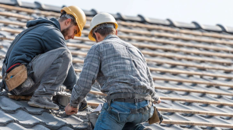 Flat roof professional installing waterproof membrane on a commercial building with proper safety equipment and techniques.