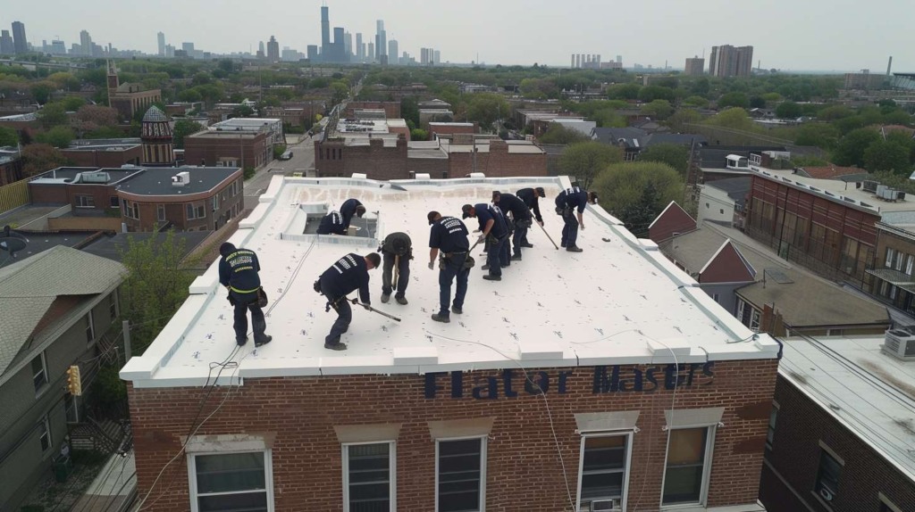 Roofer installing flat roof shingles on a commercial building, showing professional installation technique.