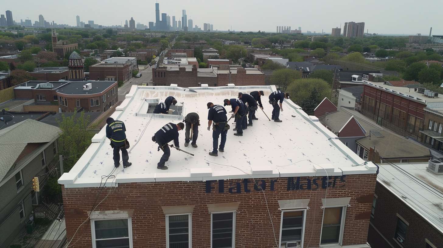 Professional roofer installing flat roofing material on a residential home, demonstrating expert technique and quality workmanship.