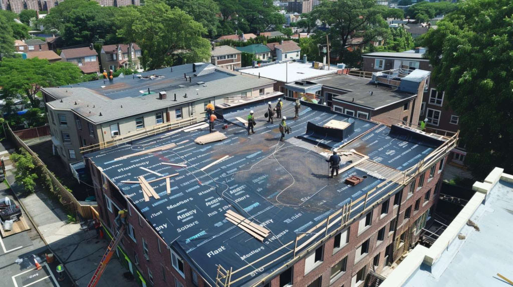 Roof contractor inspecting a flat roof for damage, assessing repair needs and costs at a residential property.
