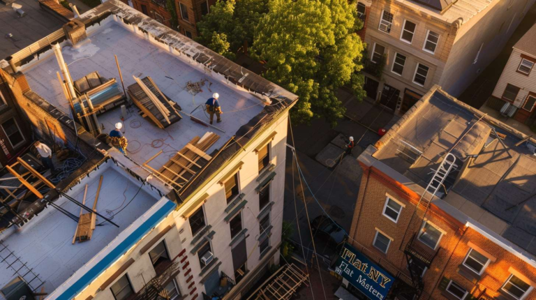 Construction worker installing rubber flat roofing material on a commercial building with proper safety equipment