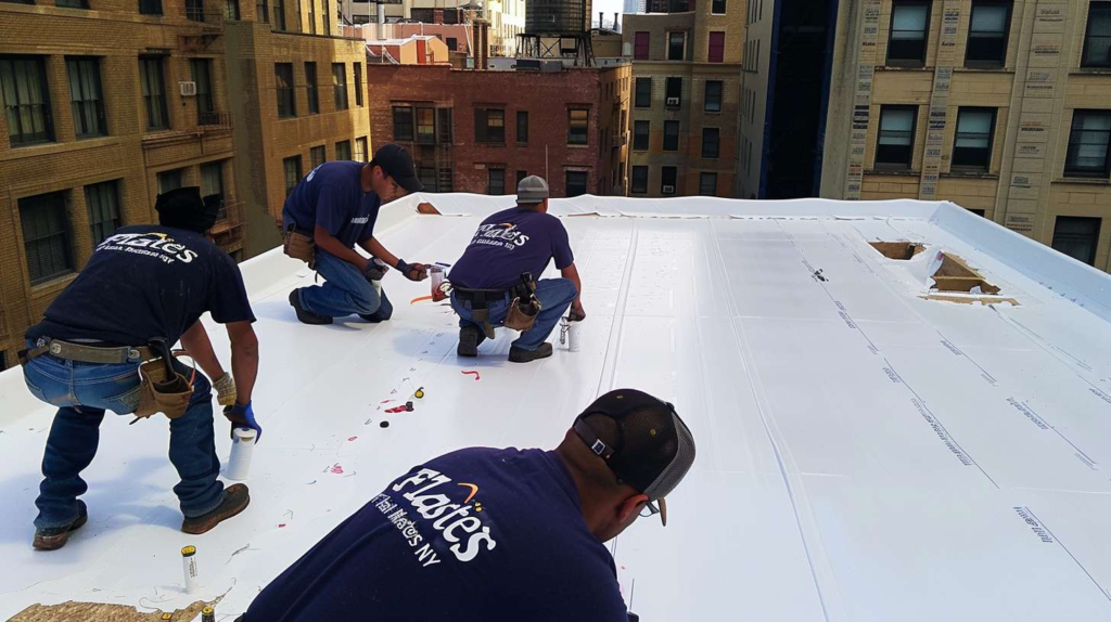 Professional roofers installing a flat roof on a commercial building using specialized equipment and materials.