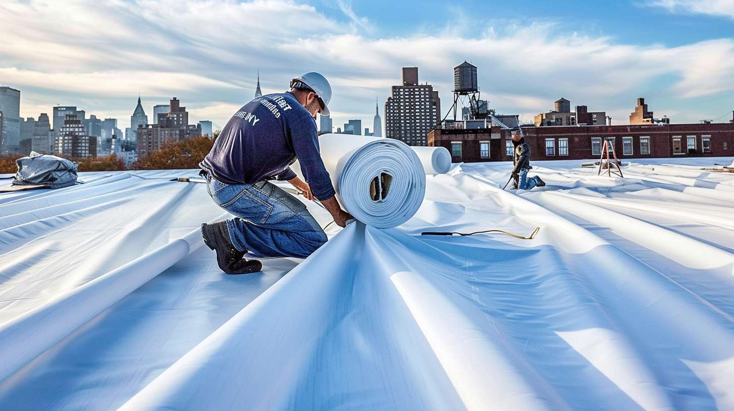 A flat roof installation on a commercial building with a parapet wall, showcasing modern roofing materials and construction techniques.
