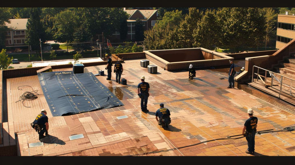 Flat roof replacement professionals working on a commercial building, installing waterproof membrane for long-lasting protection.