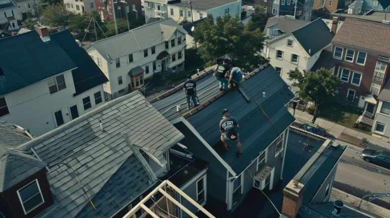 A construction worker using safety equipment while removing layers of an old flat roof with tools on a commercial building
