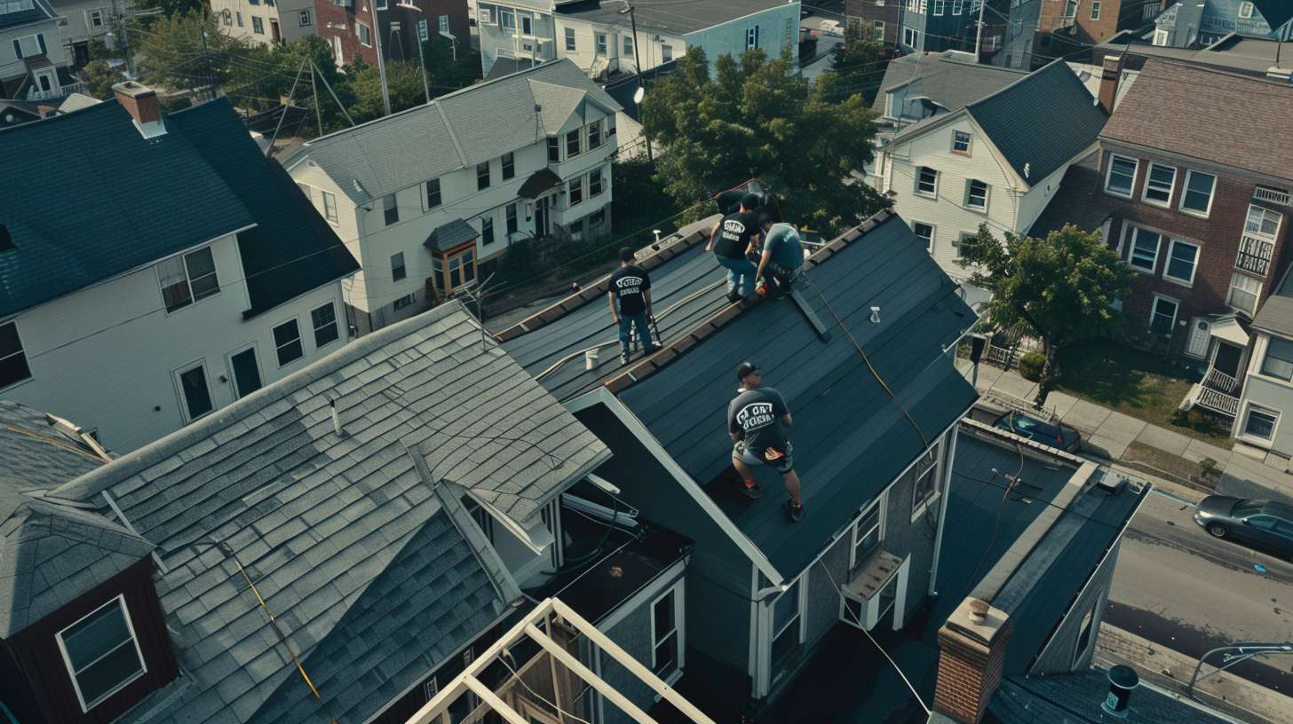 A construction worker using safety equipment while removing layers of an old flat roof with tools on a commercial building