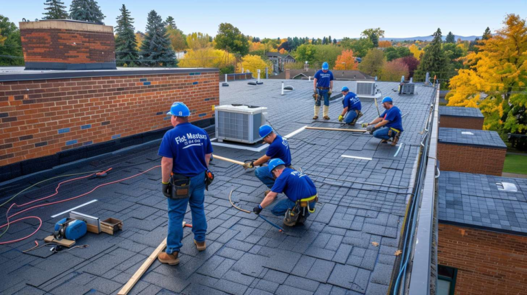 A commercial flat roof being replaced with workers installing new roofing material, showcasing the replacement process.