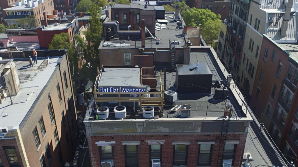 A detailed overhead view of flat roof joists arranged in a structured pattern, showcasing professional layout design for commercial construction.