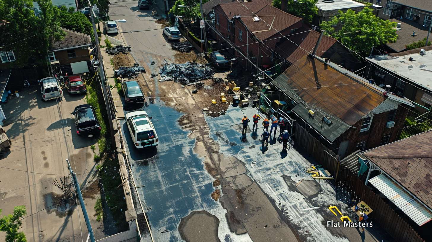A roofer inspecting and repairing a flat roof, identifying and sealing leaks with professional equipment and materials.