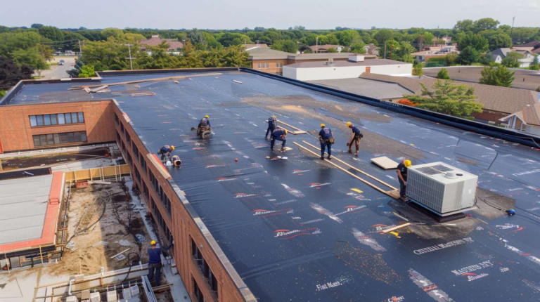 A worker replacing flat roof material, laying down new membrane on a residential building
