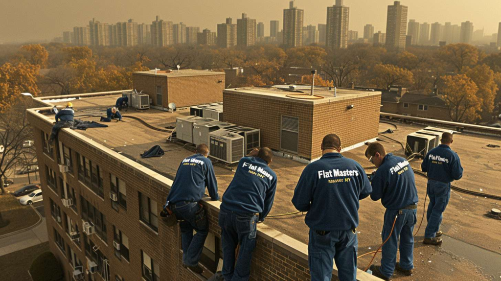 Professional contractor installing asphalt shingles on a flat roof, ensuring proper overlap for weather protection.