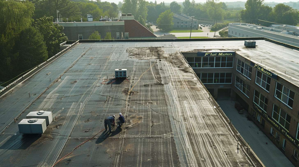 Professional crew installing a window on a flat roof of a commercial building, ensuring proper sealing and alignment.