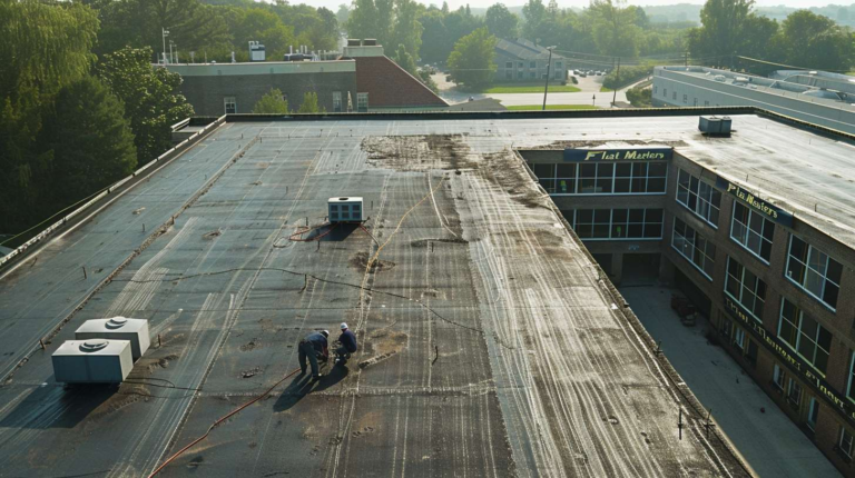 Skilled technician installing a commercial flat roofing system on a building, demonstrating professional installation techniques.
