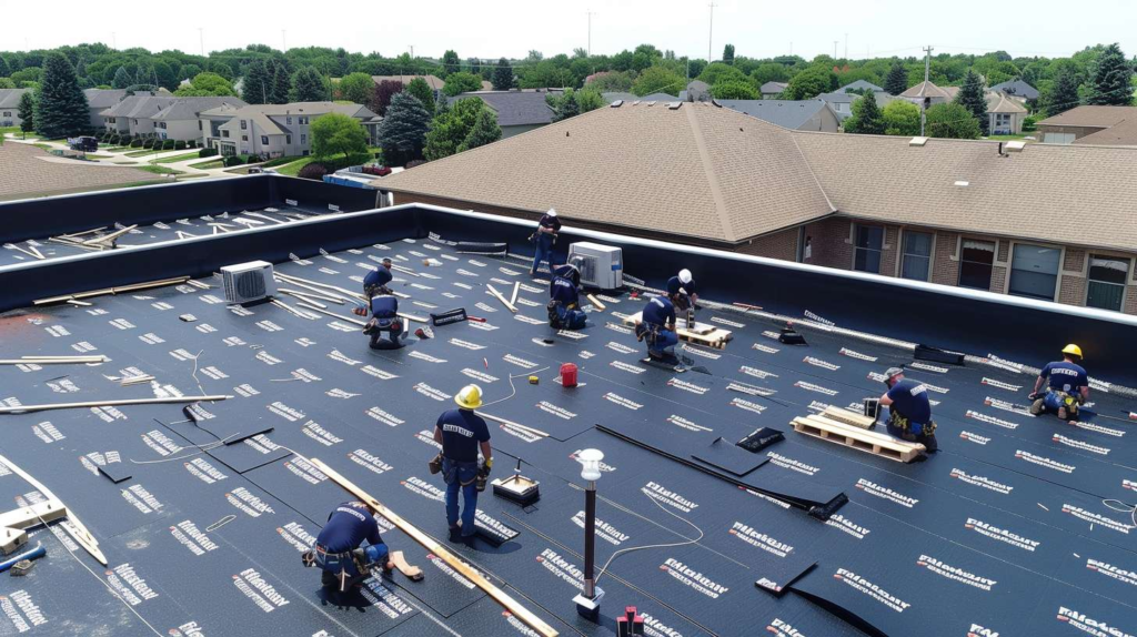 A roofer installing mineral felt on a flat roof, using tools and materials for professional roof repair.