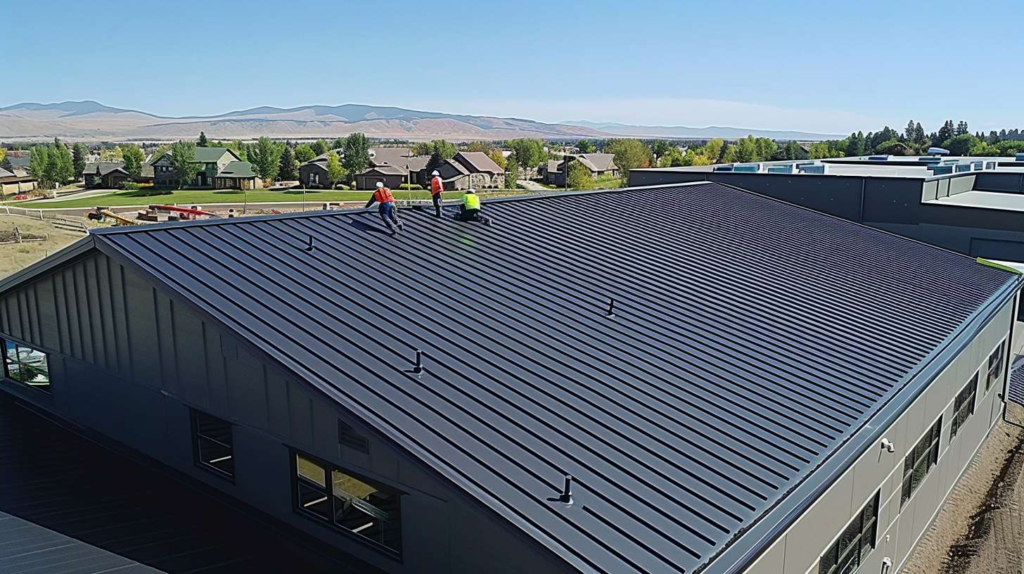 Professional flat roof contractor installing roofing materials on commercial building in Auburndale, Queens