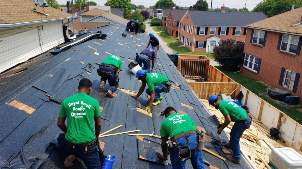 Professional roofer installing flat roofing membrane on commercial building in Bay Terrace, Queens