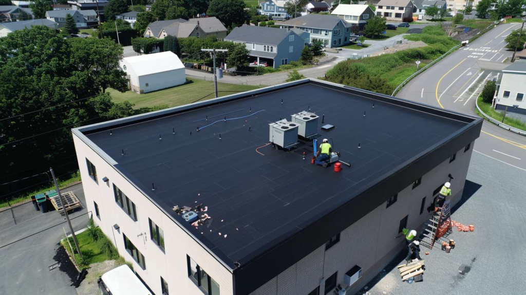 Professional roofer installing flat roof system on commercial building in Bayside, Queens