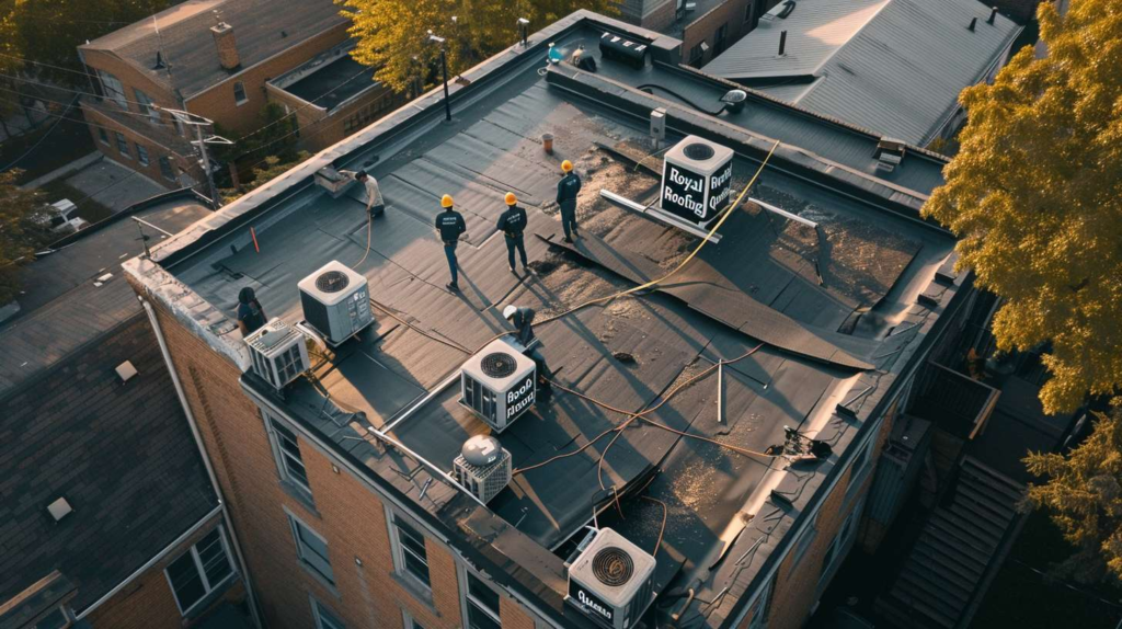 Professional roofer installing flat roofing membrane on commercial building in Belle Harbor, Queens