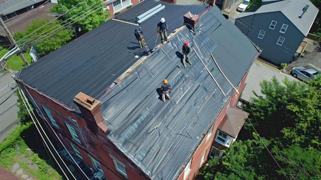 Professional roofer installing flat roofing membrane on commercial building in Briarwood, Queens