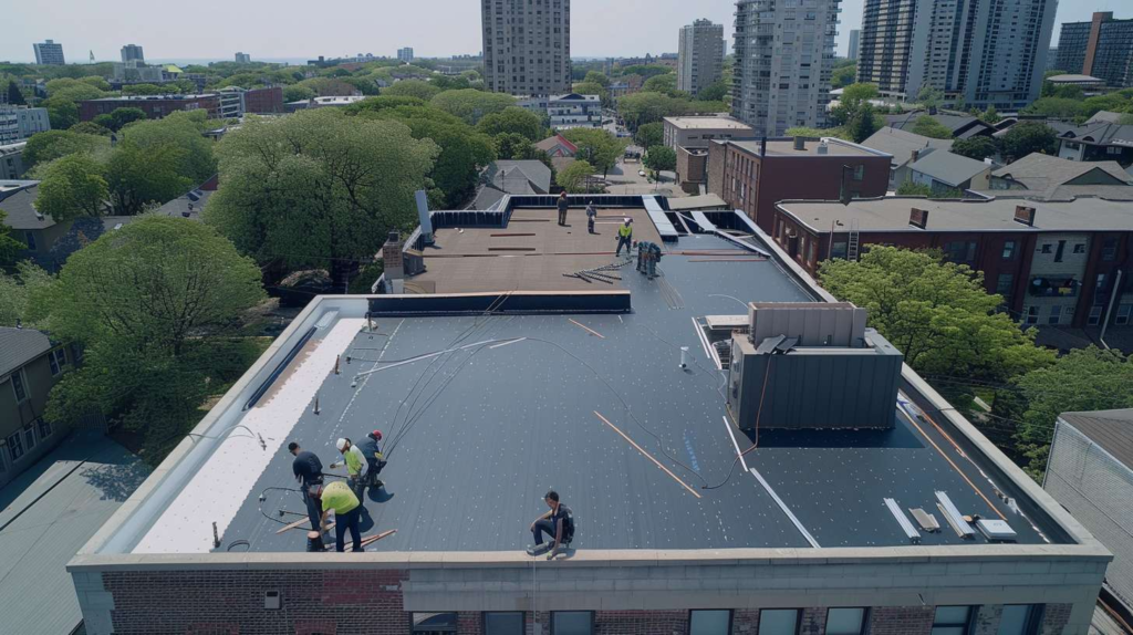 Professional flat roof contractor installing roofing materials on commercial building in Floral Park, Queens