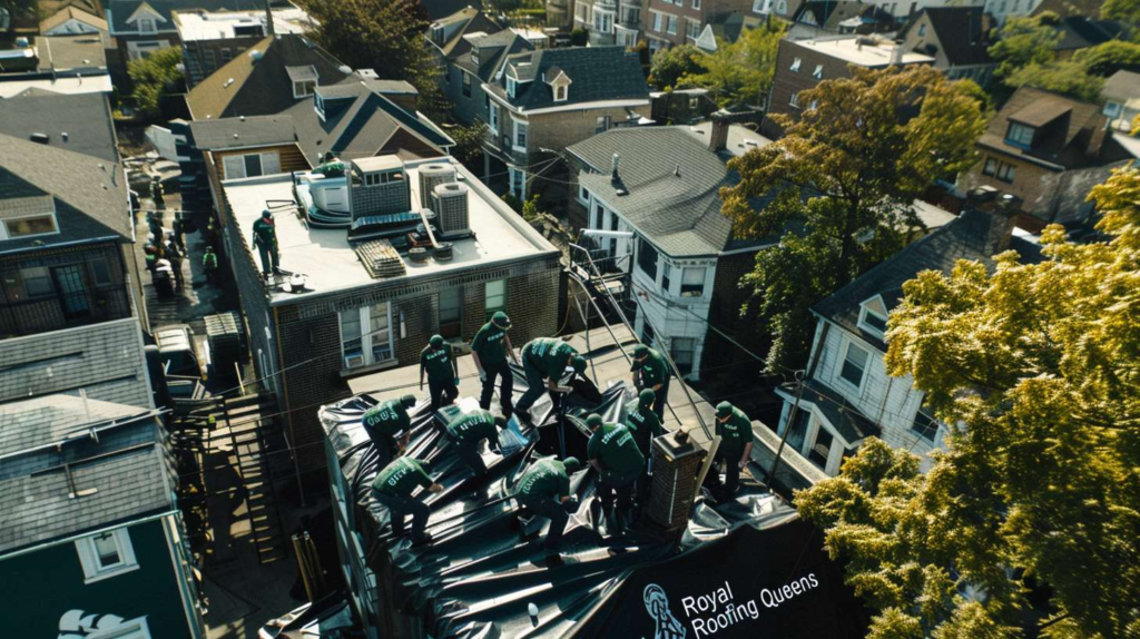 Professional roofer installing flat roofing membrane on a commercial building in Forest Hills, Queens