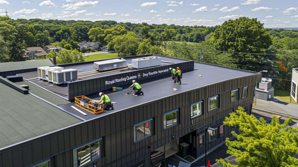 Professional flat roof installation on commercial building in Holliswood Queens Experienced roofer applying waterproof membrane to flat roof surface Close-up of EPDM rubber roofing material with seamless installation Flat roof repair work showing damaged section being replaced by expert technician Modern commercial building with newly installed flat roof system in Queens Roofing crew performing flat roof maintenance inspection in Holliswood Durable TPO white flat roofing membrane reflecting sunlight for energy efficiency Flat roof drainage system with proper water flow management installation Professional roofer sealing flat roof edges and flashing around perimeter Before and after comparison of flat roof restoration project in Holliswood Queens