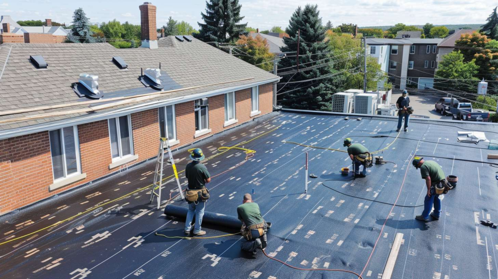 Professional roofer installing flat roof membrane on commercial building in Howard Beach, Queens