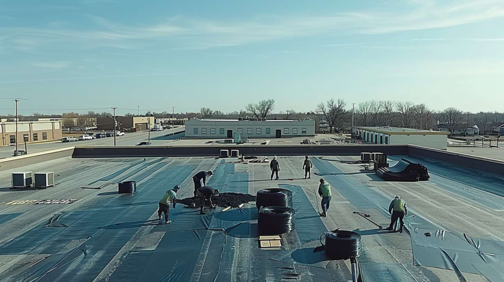 Professional flat roof installation team working on commercial building in Jamaica Estates Roofer applying waterproof membrane to flat roof surface Close-up of sealed flat roof with proper drainage system Worker inspecting flat roof for damage and wear Modern flat roof with EPDM rubber roofing material Completed flat roof repair on Queens residential property