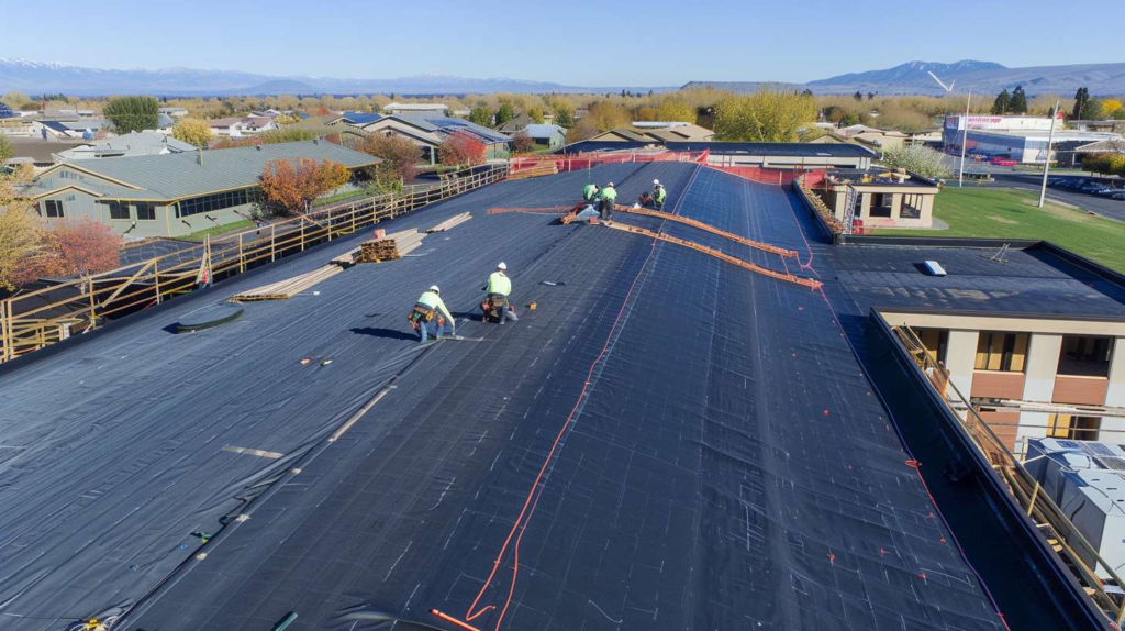 Professional flat roof installation on commercial building in Kew Gardens, Queens