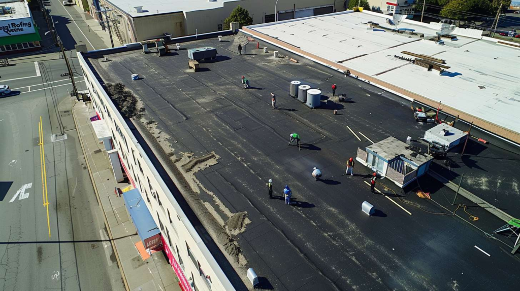 Professional flat roof contractor installing roofing materials on commercial building in Neponsit, Queens